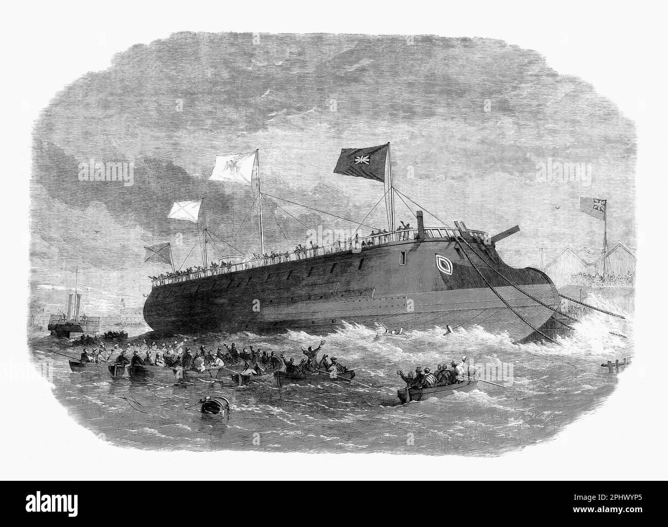 The launch of the Russian Ironclad Floating Battery 'Pervenetz' at Blackwall Thames Iron Shipbuilding Company's yard in London, England. It was an armoured frigate built for the Imperial Russian Navy in the 1860s  because the Russian Empire lacked the ability to build its own ironclads. It never saw combat  and was later converted into a coal barge. Stock Photo