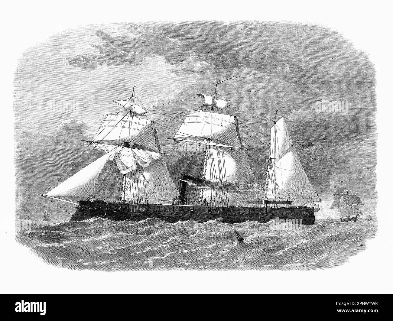 The seventh HMS Enterprise of the Royal Navy was an armoured sloop launched in 1864 at Deptford Dockyard. Originally laid down as a wooden screw sloop of the Camelion class, she was redesigned by Edward Reed and completed as a central battery ironclad. The ship spent the bulk of her career assigned to the Mediterranean Fleet before returning to England in 1871 where she was paid off. Enterprise was sold for scrap in 1885. Stock Photo