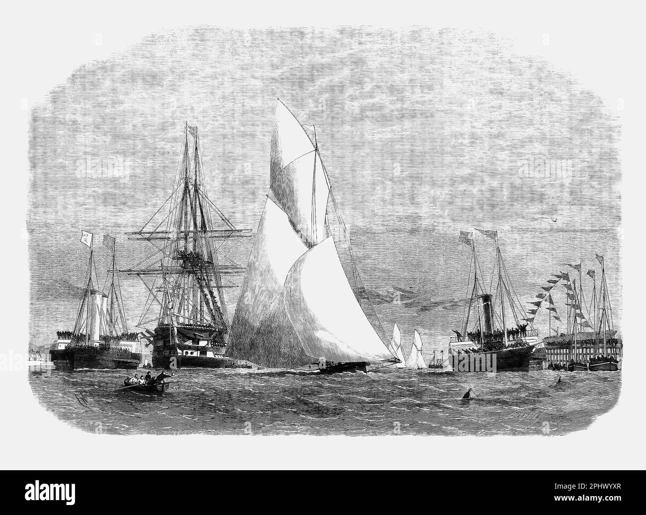 The Royal London Yacht Club Ocean Yacht Match (race) from Gravesend to Harwich on June 4th 1864. The illustration shows the 'Volante crossing the finishing line and winning the Cutters' Prize Stock Photo