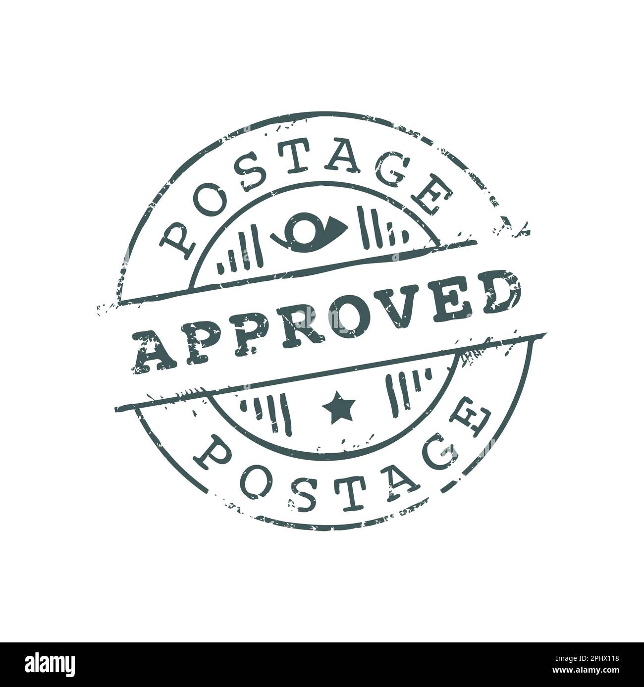 Approved postage delivery stamp, postmark insignia round seal, postcard label print. Rubber postal marl, international postmark control sign Stock Vector