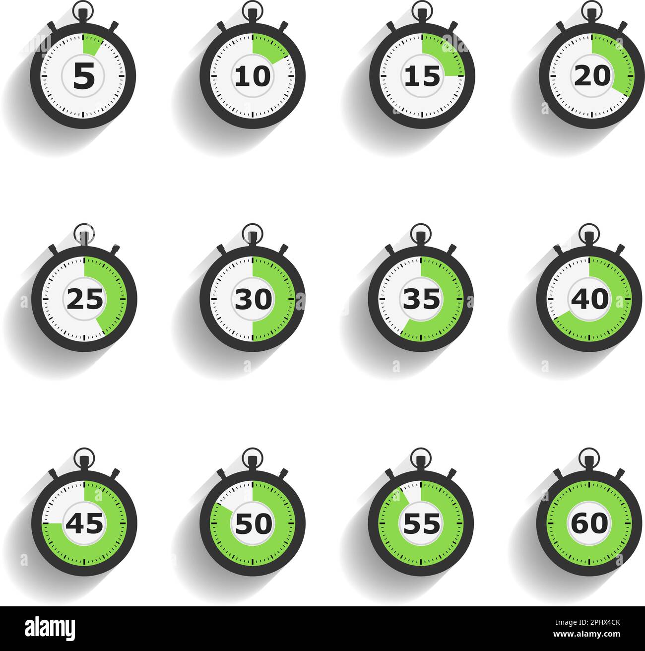 Stopwatch icons set with diagonal shadows, flat design, vector eps10 ...