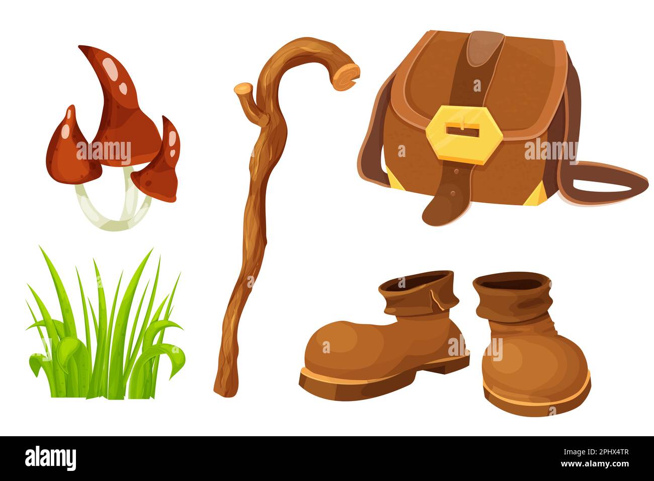 Set fairy forest with pair brown leather walking boots, grass, wooden stick, magic bag and mushrooms in cartoon style isolated on white background. Game element. Vector illustration Stock Vector