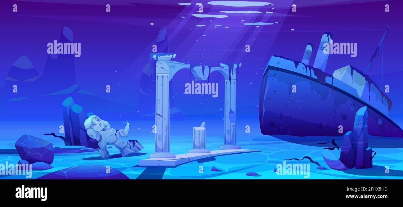 Wreck ship, sunken steamboat vessel with pipes on ocean sandy bottom