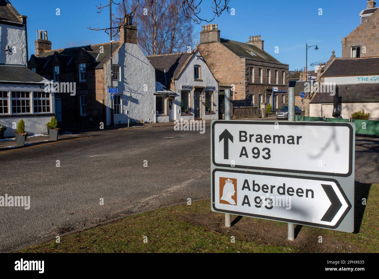 Scotland, Ballater , Aberdeenshire , Sign to Braemar and Aberdeen Stock Photo