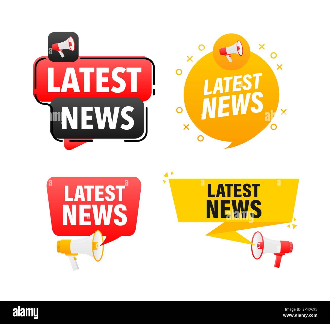Megaphone label set with text Latest news. Latest news announcement banner Stock Vector Image