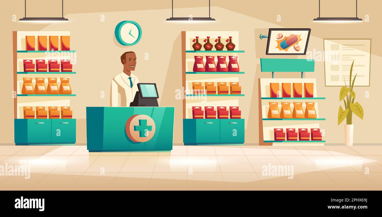 Male pharmacist at counter in pharmacy. Vector drugstore interior with ...
