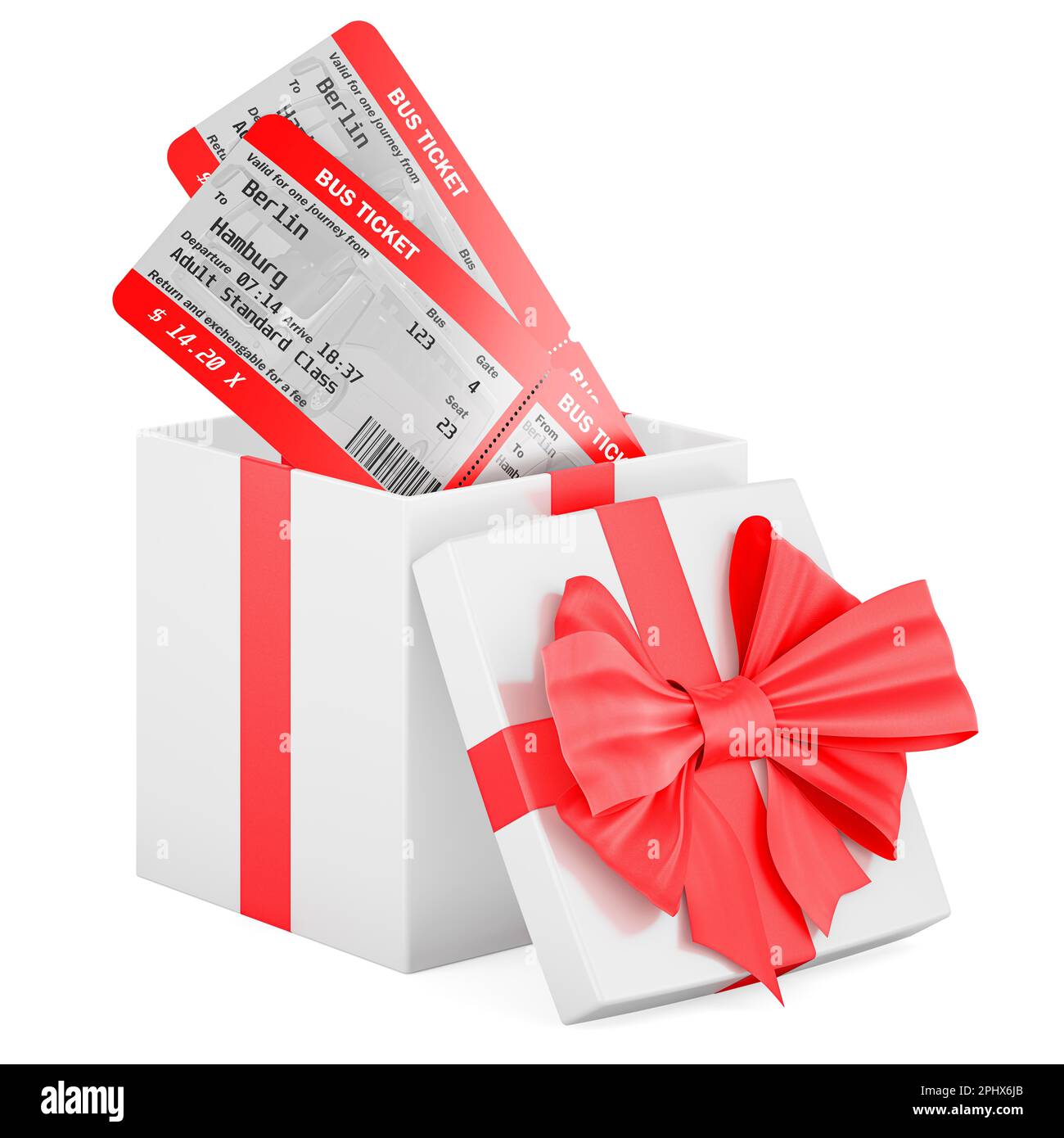 Bus tickets inside gift box, present concept. 3D rendering isolated on  white background Stock Photo - Alamy