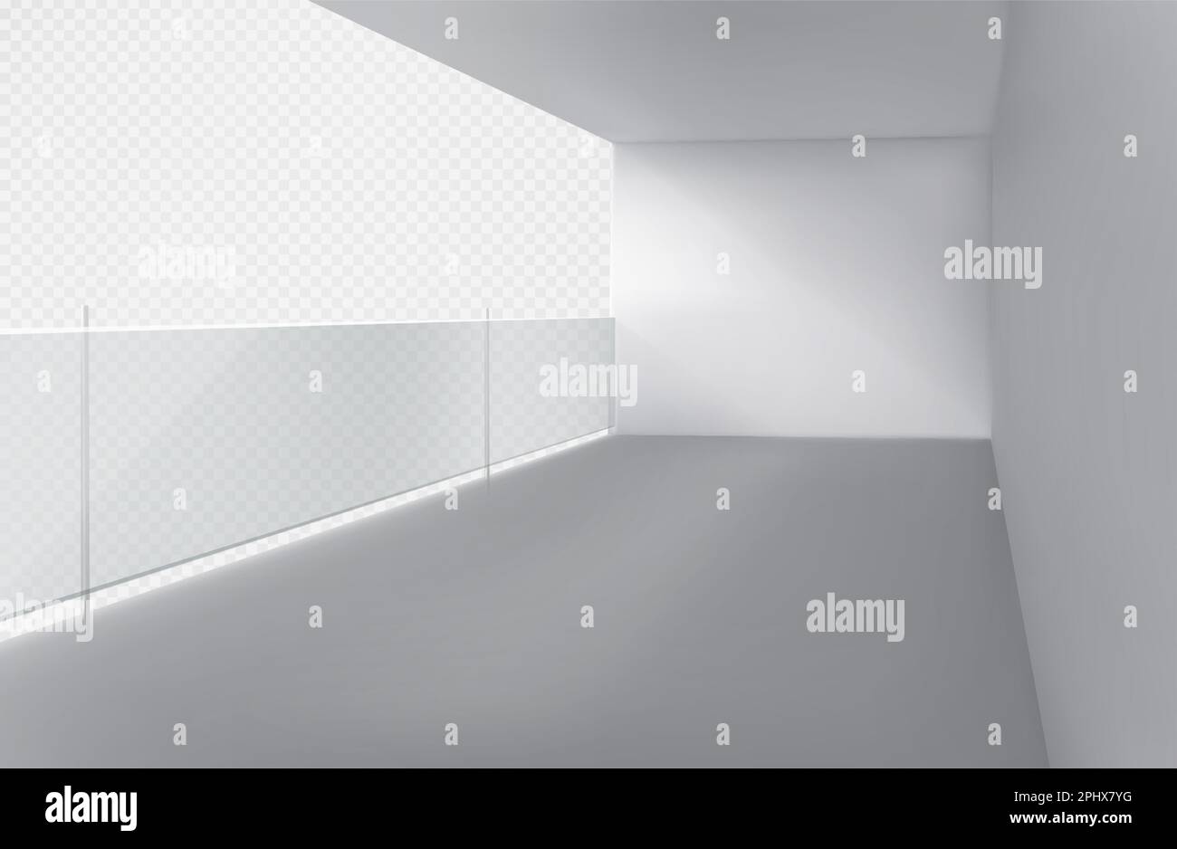 Isolated 3d glass balcony with fence and rail. Realistic building