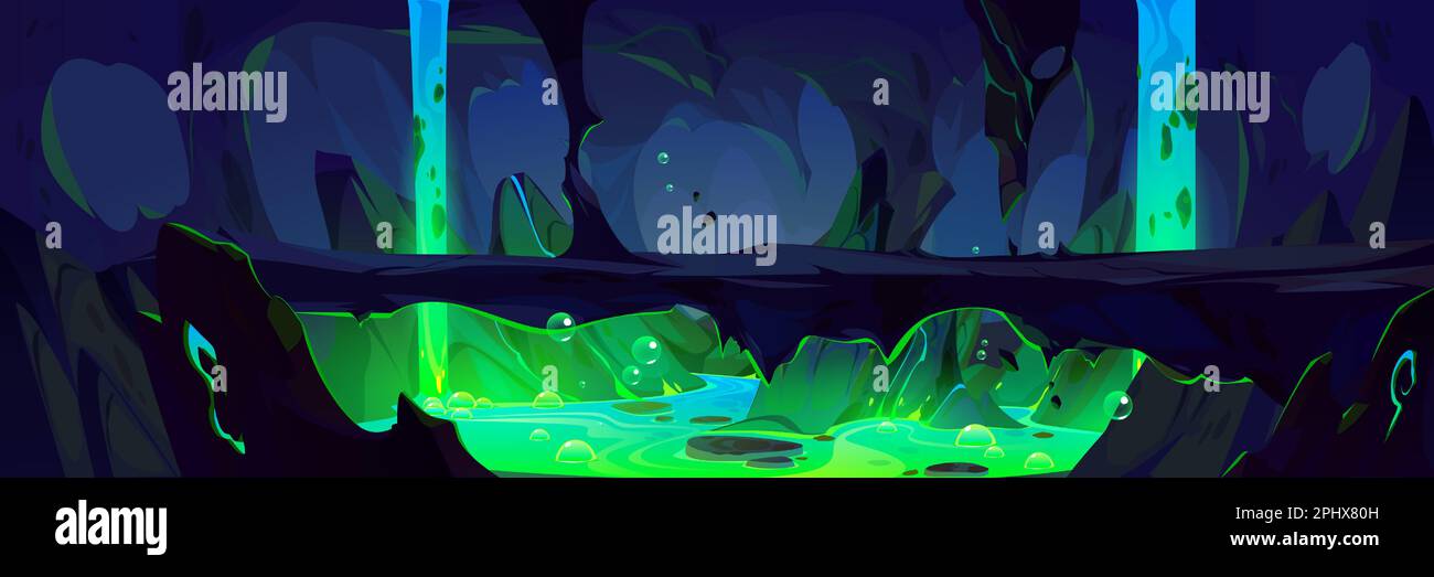 Dark toxic cave cartoon game background. Fantasy underground landscape 