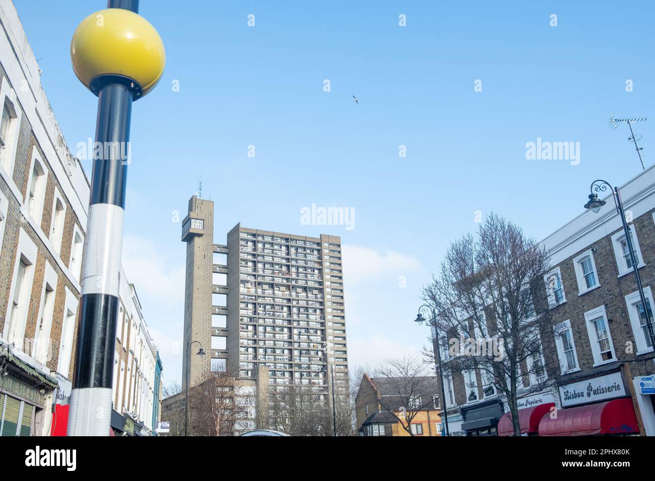 London- May 2023: Golbourne Road, and Trellick Tower- a landmark street of shops with a street market Stock Photo