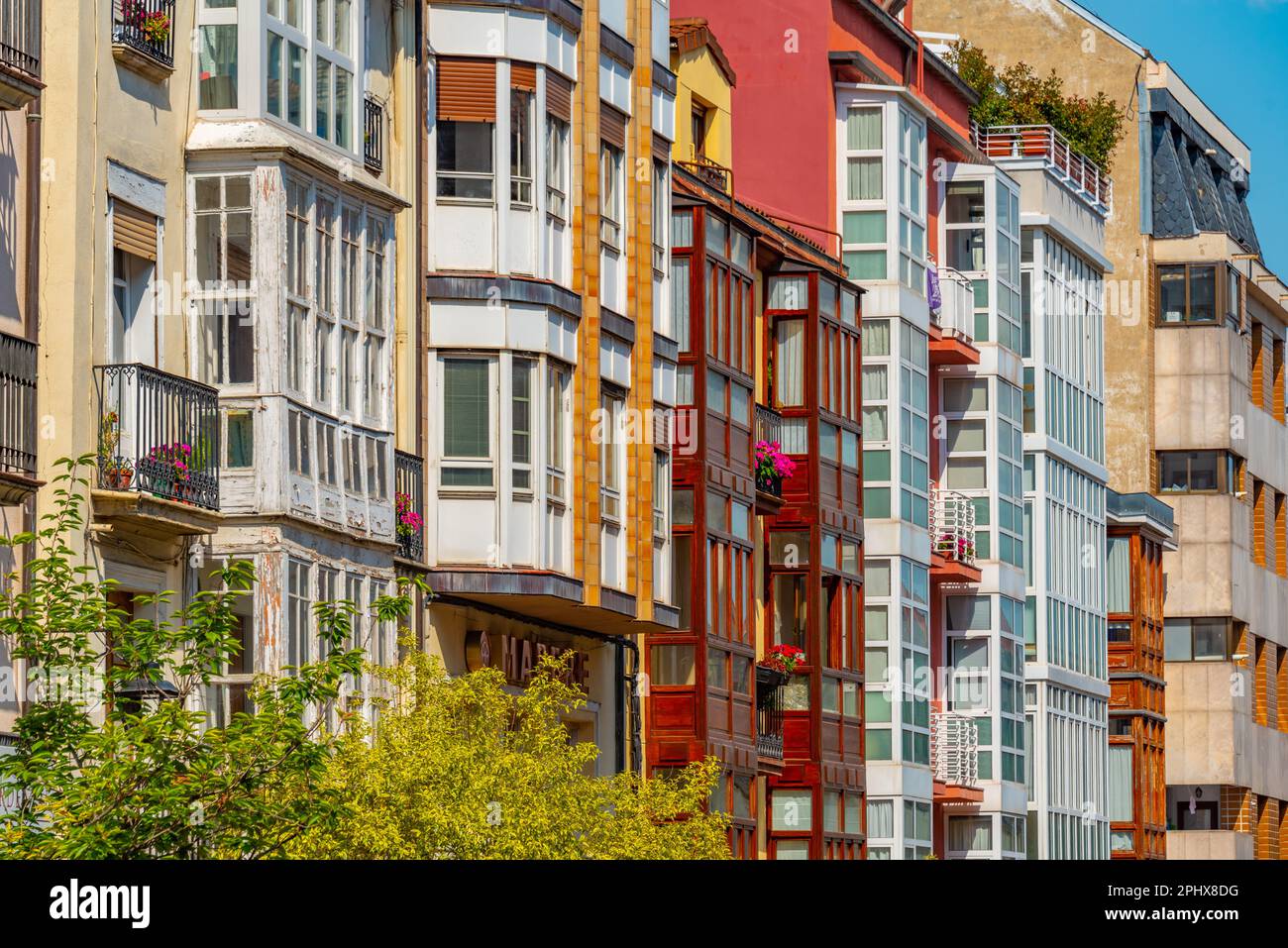 Colorful facades of houses in Spanish town Vitoria Gasteiz Stock Photo