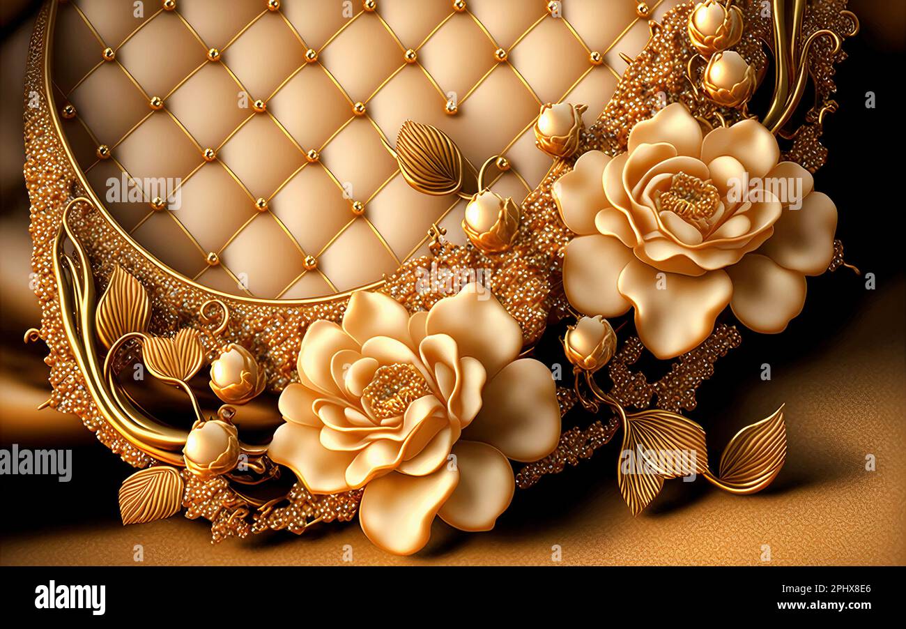 3d mural illustration background with golden jewelry and flowers