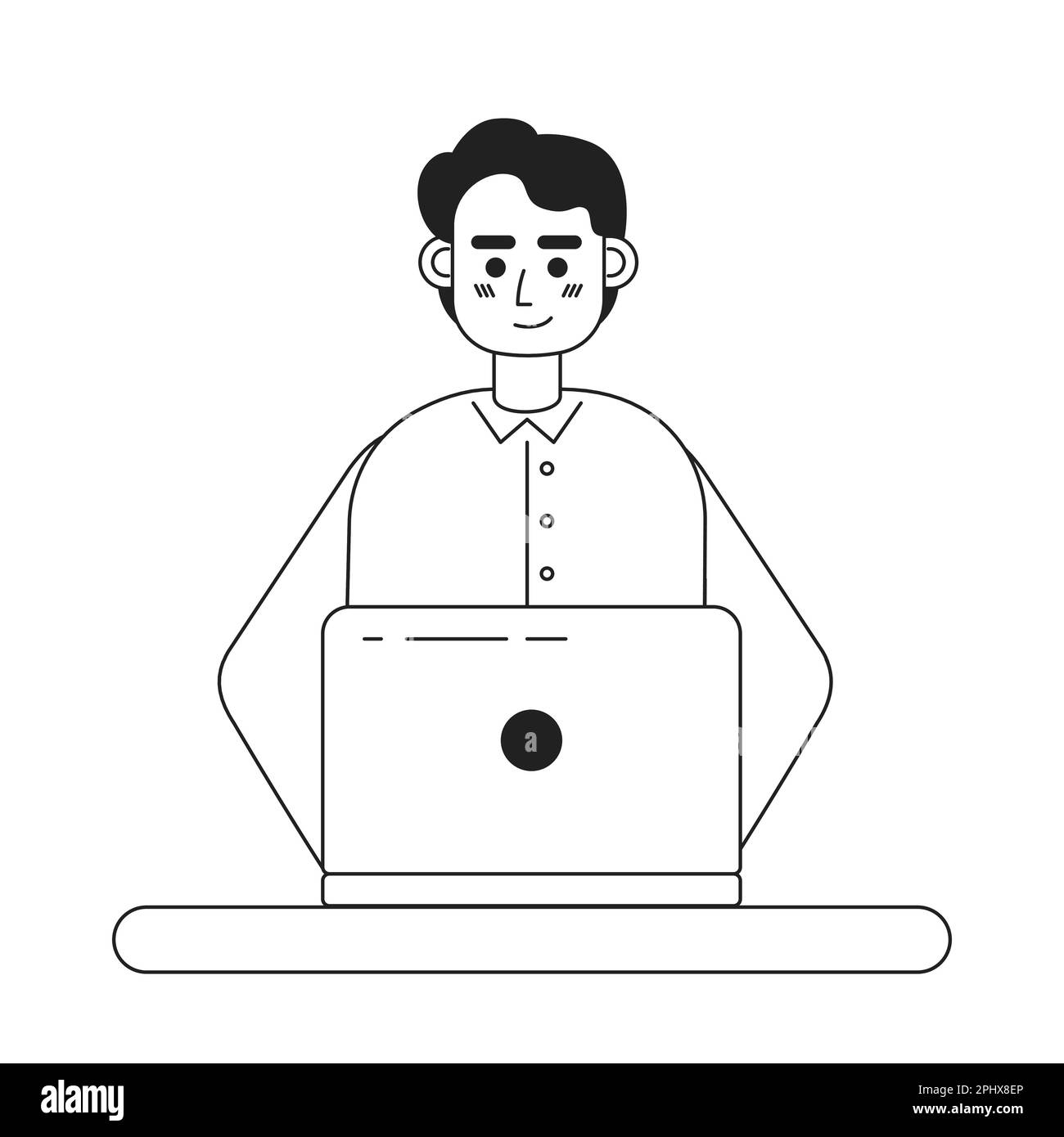 Pleasant man working on laptop monochromatic flat vector character Stock Vector