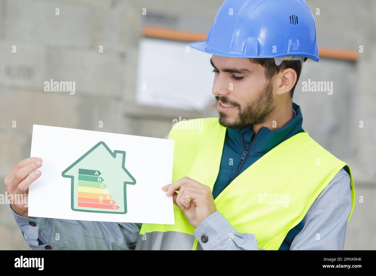 Laborer Property. Sign laborer showing energy rating sign Stock Photo - Alamy