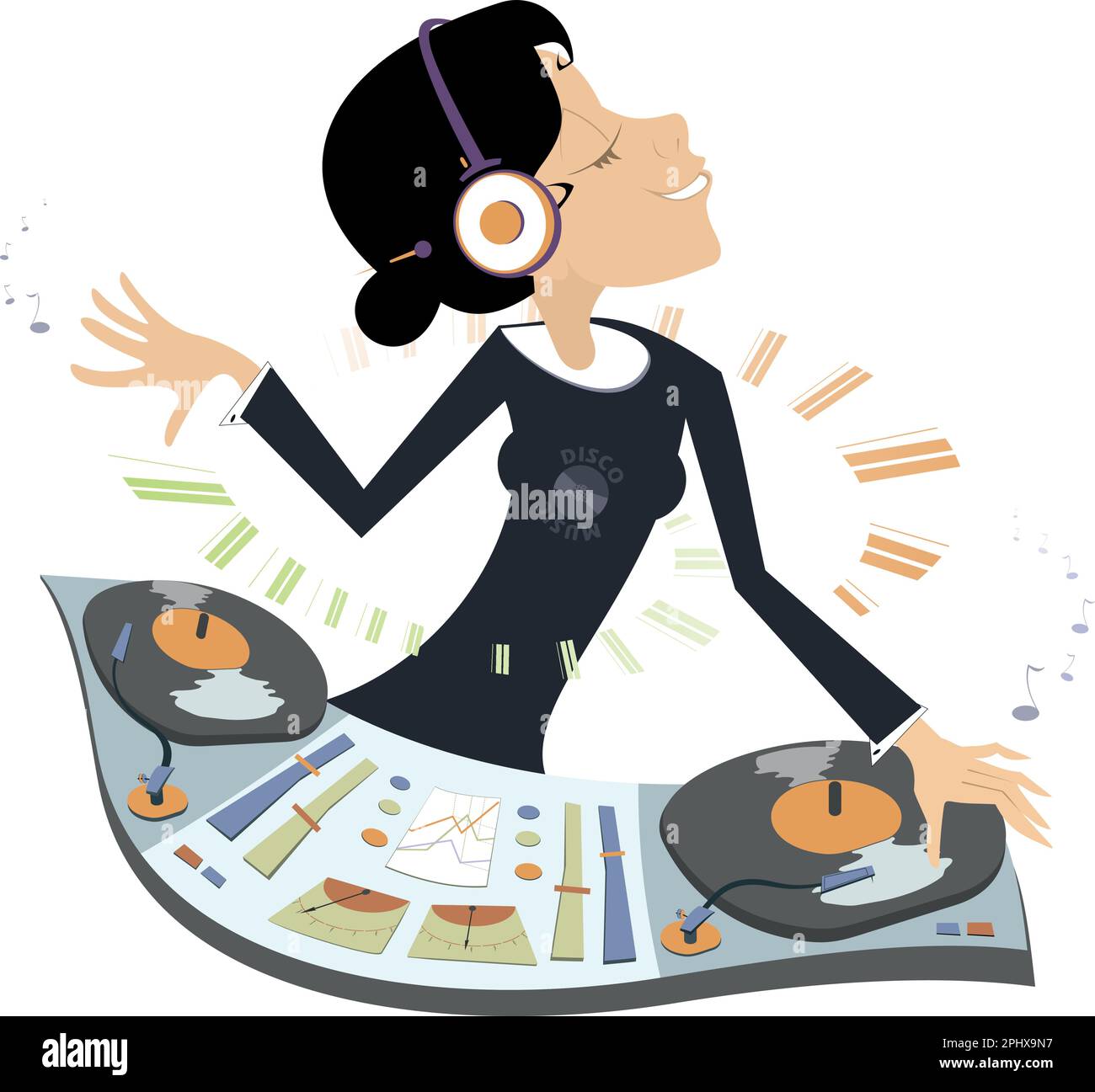 Young DJ girl performing electronic music. DJ in action. Young DJ girl mixing music behind console Stock Vector