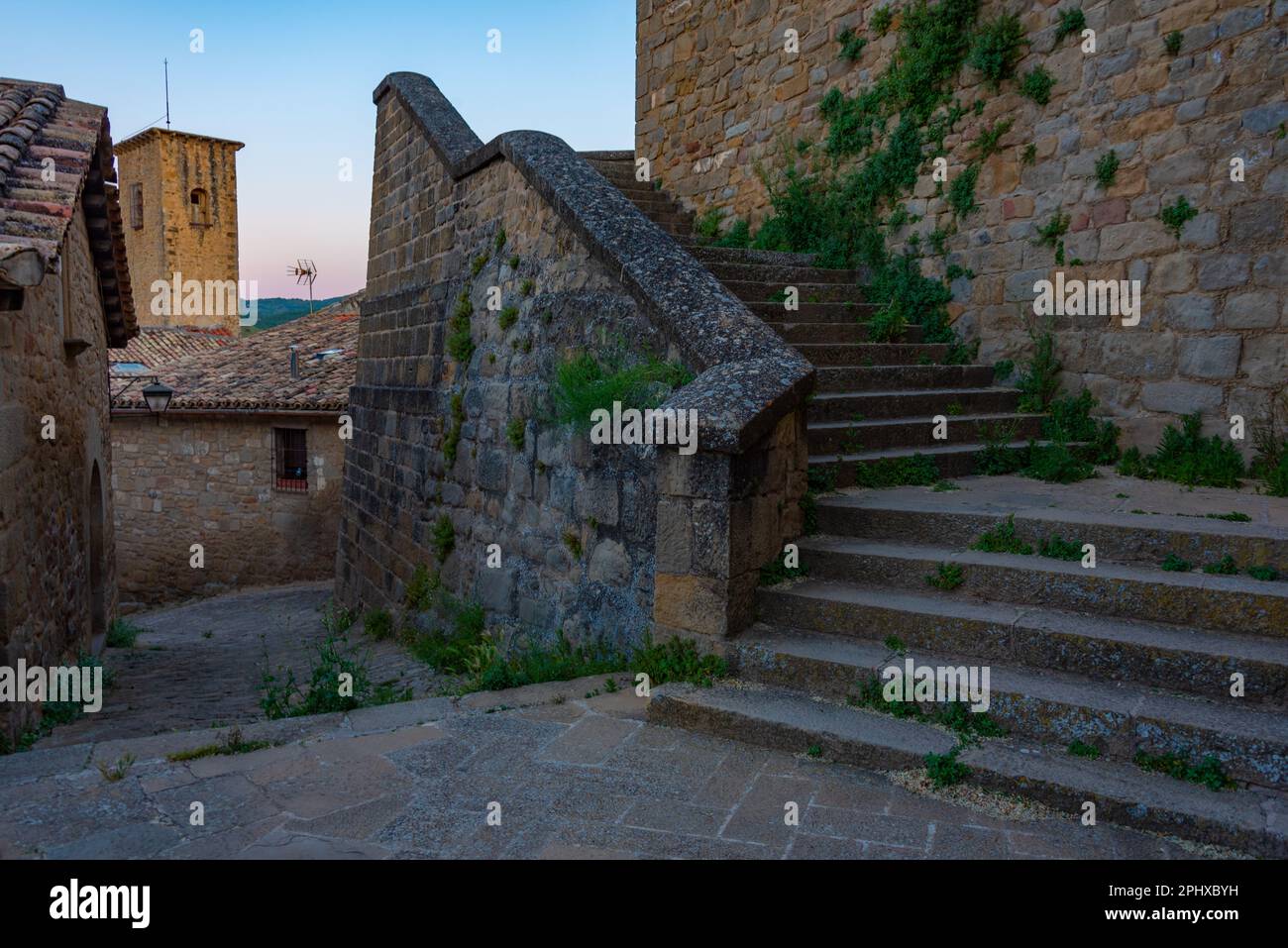 Sunrise view of a Medieval street in Spanish village Sos del Rey Catolico. Stock Photo