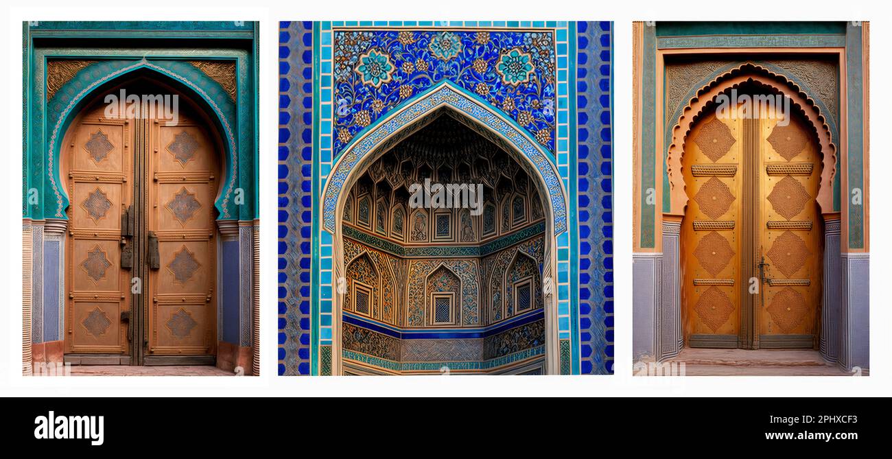 wooden door in a mosque. Symmetrical, richly decorated with blue ceramic Islamic tiles, entrance. Beautiful ceiling dome wall ornamentation Stock Photo