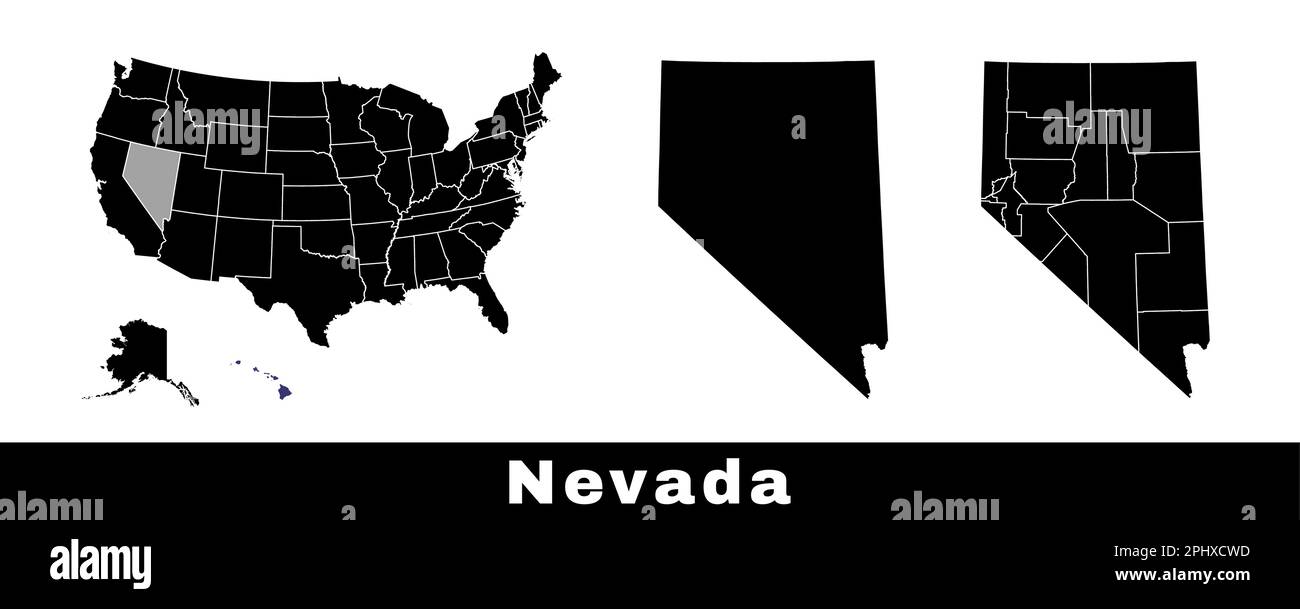 Nevada state map, USA. Set of Nevada maps with outline border, counties and US states map. Black and white color vector illustration. Stock Vector