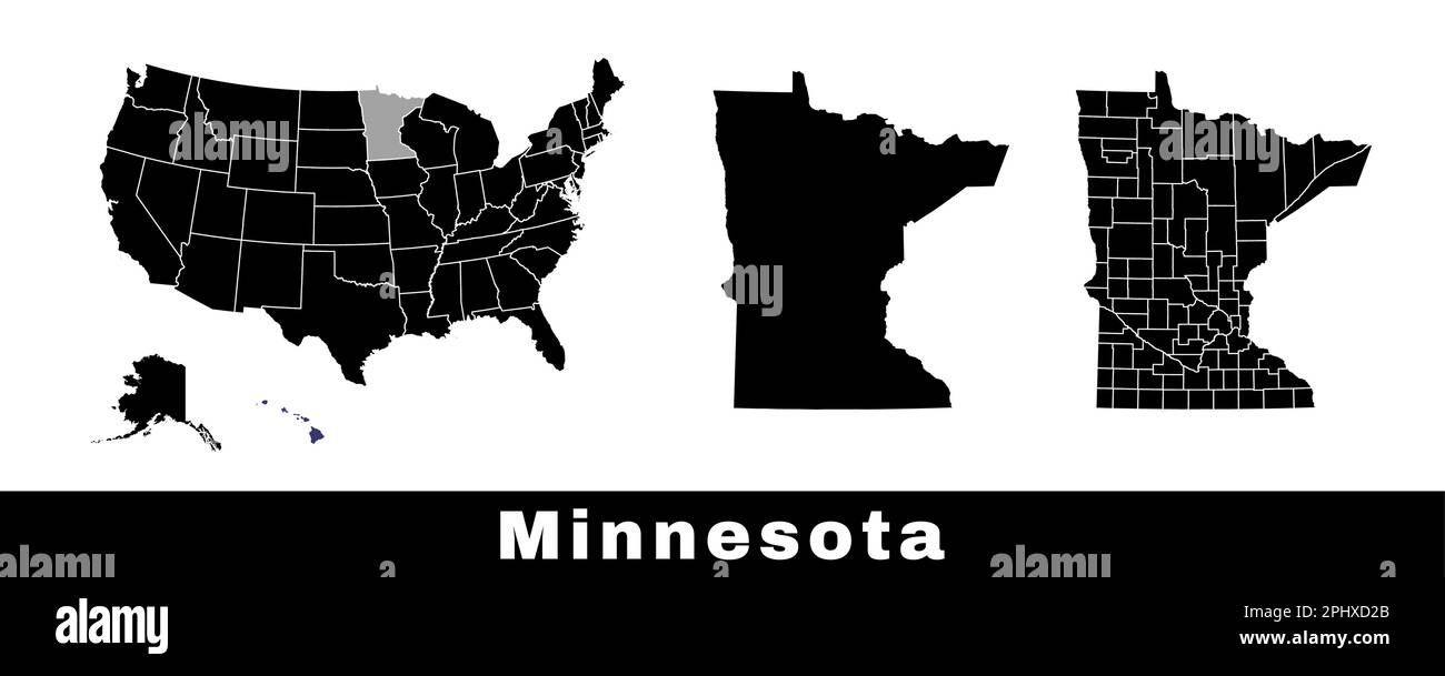 Minnesota state map, USA. Set of Minnesota maps with outline border, counties and US states map. Black and white color vector illustration. Stock Vector