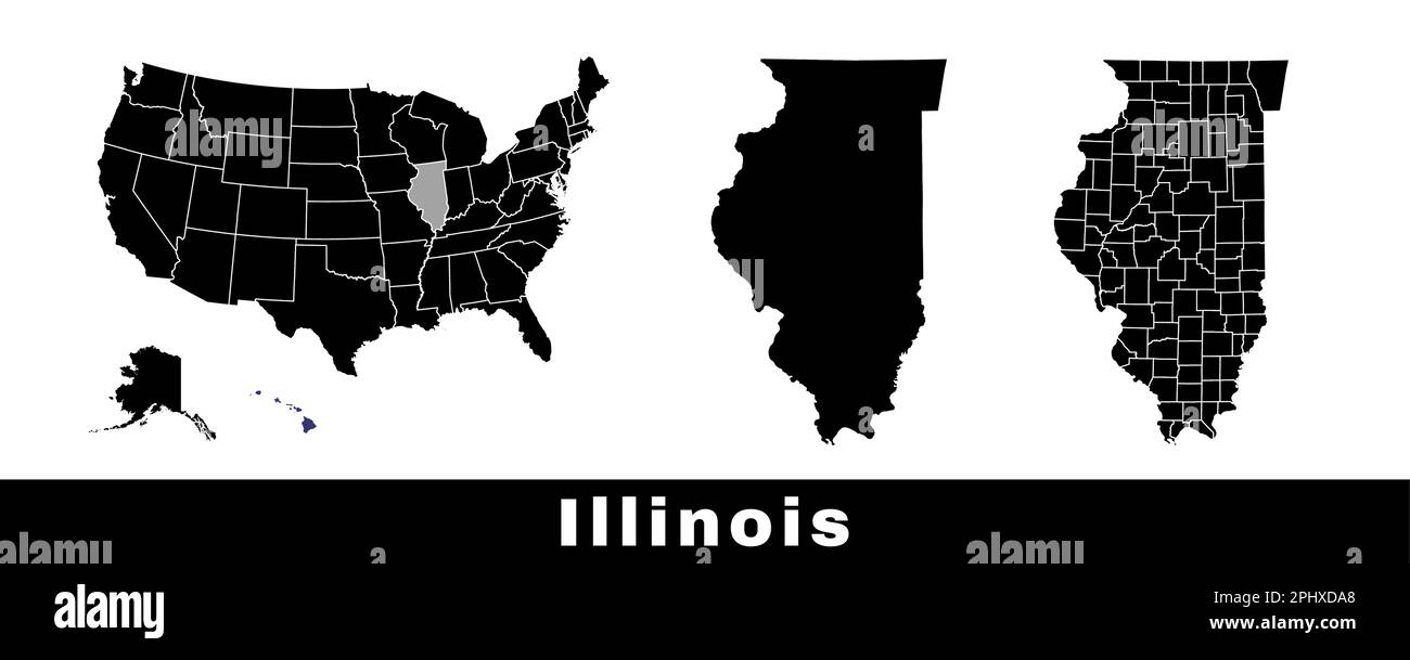 Map of Illinois state, USA. Set of Illinois maps with outline border, counties and US states map