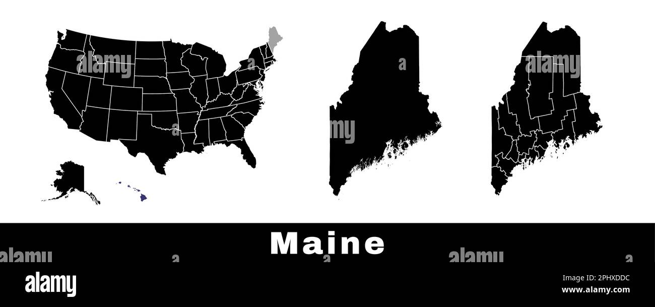 Map of Maine state, USA. Set of Maine maps with outline border, counties and US states map