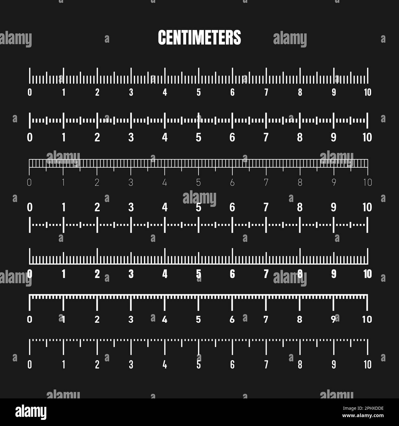 Realistic white centimeter scale for measuring length or height. Various measurement scales with