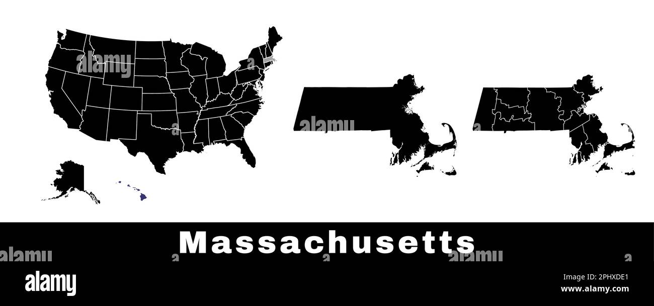 Massachusetts state map, USA. Set of Massachusetts maps with outline border, counties and US states map. Black and white color vector illustration. Stock Vector