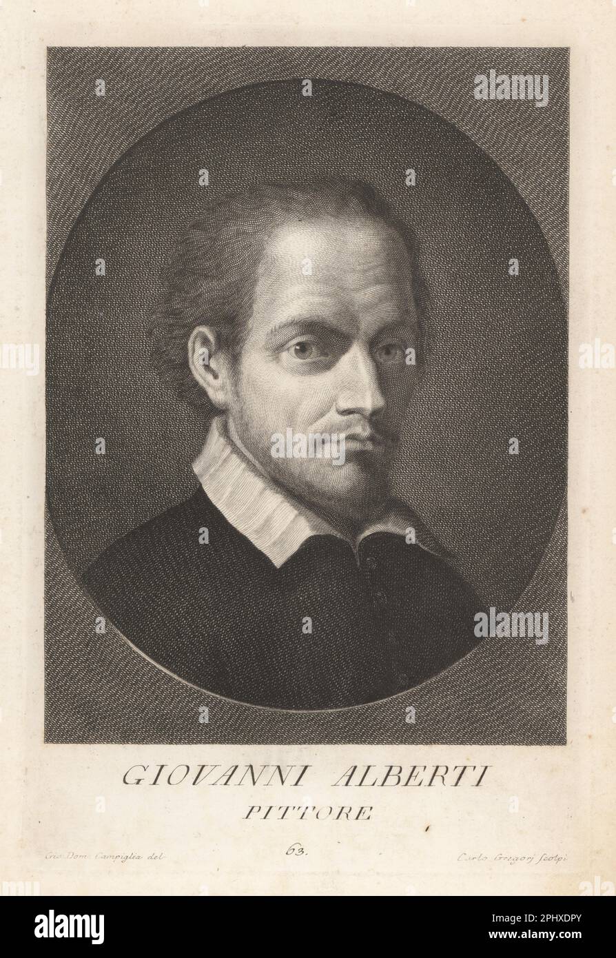 Giovanni Alberti, Italian painter, poet and art critic, 1558–1601. Known for his perspective painting (quadratura) in landscapes. Brother of Cherubino Alberti. Copperplate engraving by Carlo Gregori after Giovanni Domenico Campiglia after a self portrait by the artist from Francesco Moucke's Museo Florentino (Museum Florentinum), Serie di Ritratti de Pittori (Series of Portraits of Painters) stamperia Mouckiana, Florence, 1752-62. Stock Photo