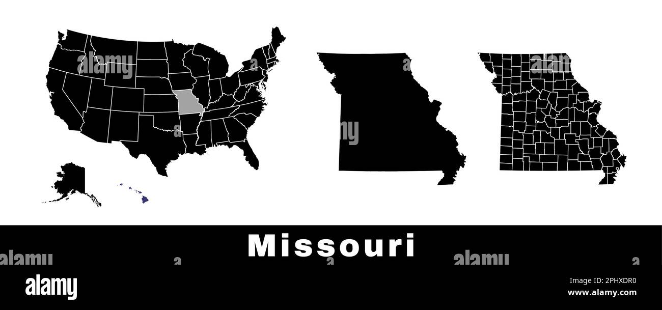 Missouri state map, USA. Set of Missouri maps with outline border, counties and US states map. Black and white color vector illustration. Stock Vector