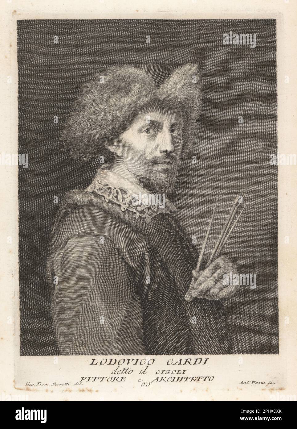 Lodovico Cardi, also known as il Cigoli, Italian painter, scholar and architect of the late Mannerist and early Baroque period, 1559-1613. In fur hat holding paint brushes and pair of compasses. Copperplate engraving by Pietro Antonio Pazzi after Giovanni Domenico Campiglia after a self portrait by the artist from Francesco Moucke's Museo Florentino (Museum Florentinum), Serie di Ritratti de Pittori (Series of Portraits of Painters) stamperia Mouckiana, Florence, 1752-62. Stock Photo