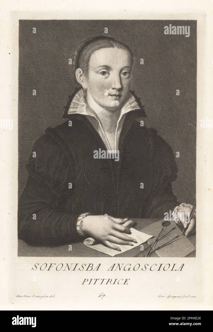 Sofonisba Angosciola, or Anguissola, Italian Renaissance painter born in Cremona, 1535-1625. Eminent portrait and history painter, one of six sisters. Sophonisba Anguisciola, pittrice. Copperplate engraving by Carlo Gregori after Giovanni Domenico Campiglia after a self portrait by the artist from Francesco Moucke's Museo Florentino (Museum Florentinum), Serie di Ritratti de Pittori (Series of Portraits of Painters) stamperia Mouckiana, Florence, 1752-62. Stock Photo