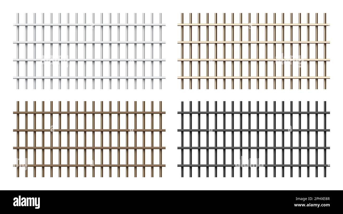 Realistic shiny metal prison bars isolated on white background. Detailed jail cage, prison iron