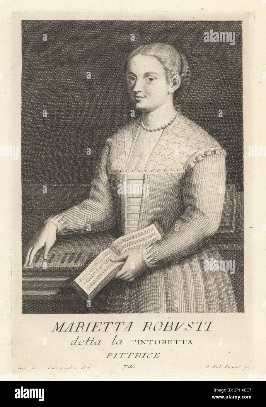 Marietta Robusti, Venetian portrait painter of the Renaissance period, 1560-1590. She was the daughter of Jacopo Robusti or Tintoretto and sometimes referred to as Tintoretta. Depicted with music score book and a spinet harpsichord. Copperplate engraving by Pietro Antonio Pazzi after Giovanni Domenico Campiglia after a self portrait by the artist from Francesco Moucke's Museo Florentino (Museum Florentinum), Serie di Ritratti de Pittori (Series of Portraits of Painters) stamperia Mouckiana, Florence, 1752-62. Stock Photo