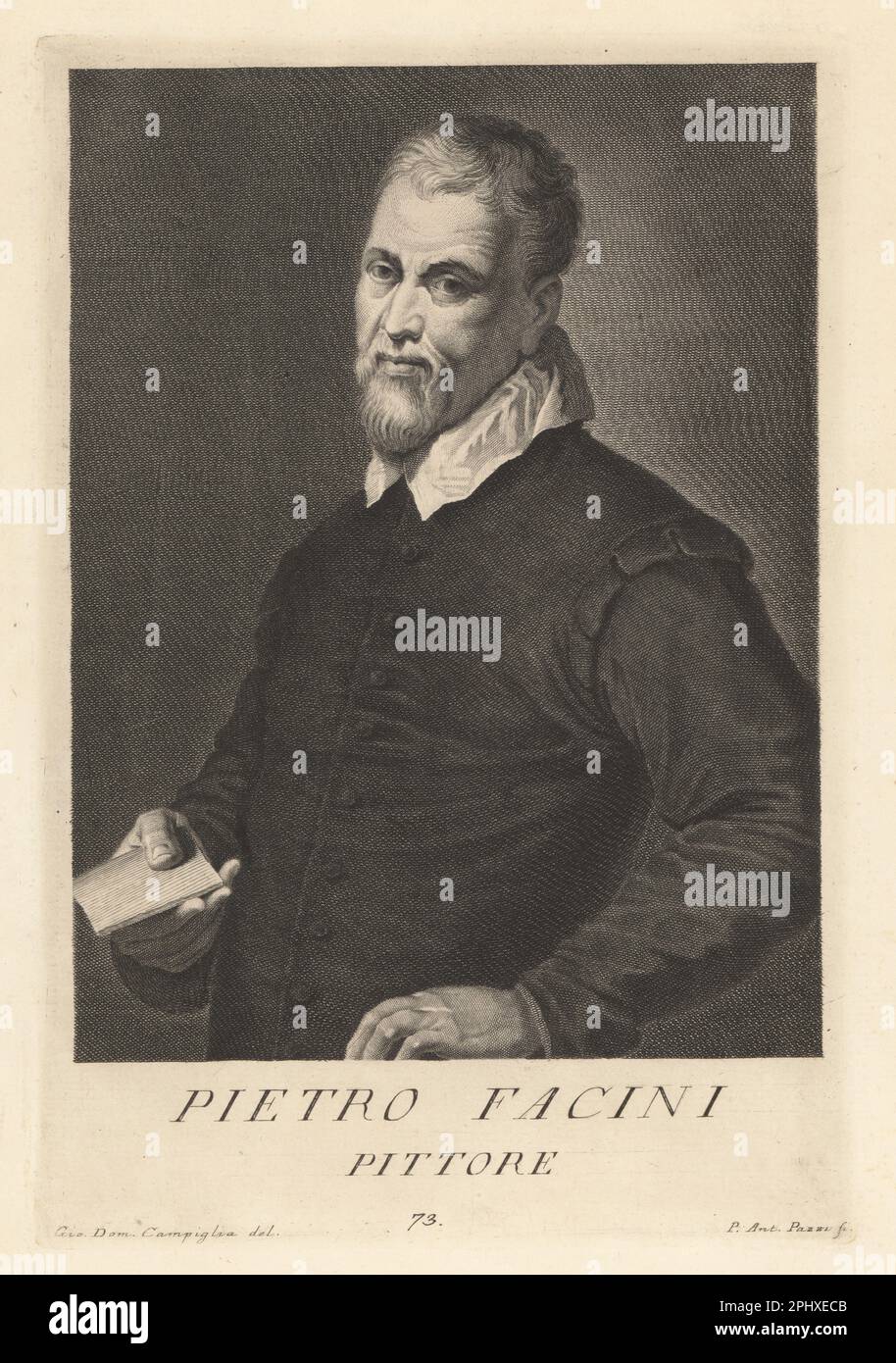 Pietro Faccini, Italian painter, draughtsman and printmaker, 1562–1602. Paintings in Pinacoteca, S. Domenico and S. Paolo in Bologna. Pietro Facini, Pittore. Copperplate engraving by Pietro Antonio Pazzi after Giovanni Domenico Campiglia after a self portrait by the artist from Francesco Moucke's Museo Florentino (Museum Florentinum), Serie di Ritratti de Pittori (Series of Portraits of Painters) stamperia Mouckiana, Florence, 1752-62. Stock Photo