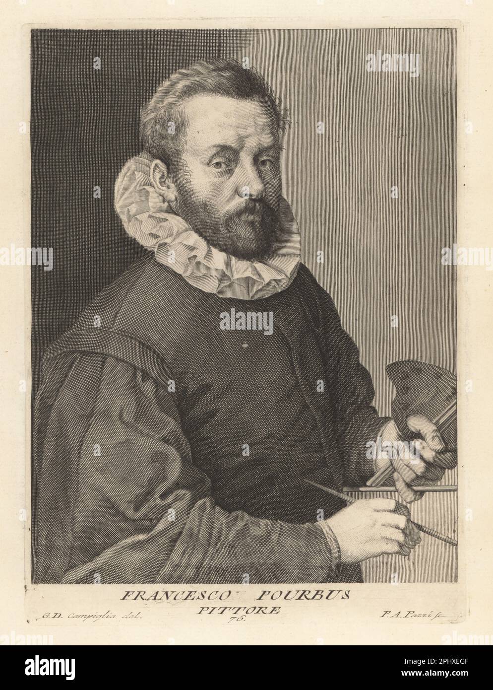 Frans Pourbus the Younger, Flemish portrait painter, son of Frans Pourbus the Elder, 1569–1622. Painter to Marie de' Medici and the Duke of Mantua. In ruff collar holding paint brushes and oil palette. Francesco Pourbus, Pittore. Copperplate engraving by Pietro Antonio Pazzi after Giovanni Domenico Campiglia after a self portrait by the artist from Francesco Moucke's Museo Florentino (Museum Florentinum), Serie di Ritratti de Pittori (Series of Portraits of Painters) stamperia Mouckiana, Florence, 1752-62. Stock Photo