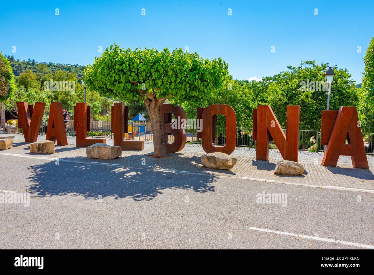 Vallbona tourist sign at Vallbona de les Monges in Spain. Stock Photo