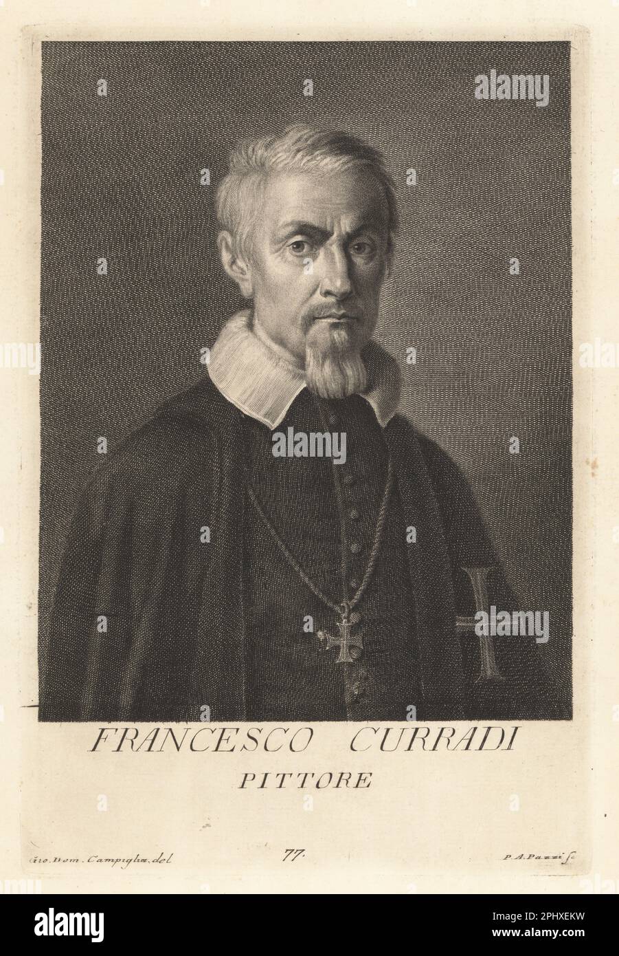Francesco Currado, Italian painter of the Counter-Maniera style, 1570-1661. Painter of historical subjects in Florence. In robes of a knight of the Order of Christ. Francesco Curradi, Pittore. Copperplate engraving by Pietro Antonio Pazzi after Giovanni Domenico Campiglia after a self portrait by the artist from Francesco Moucke's Museo Florentino (Museum Florentinum), Serie di Ritratti de Pittori (Series of Portraits of Painters) stamperia Mouckiana, Florence, 1752-62. Stock Photo