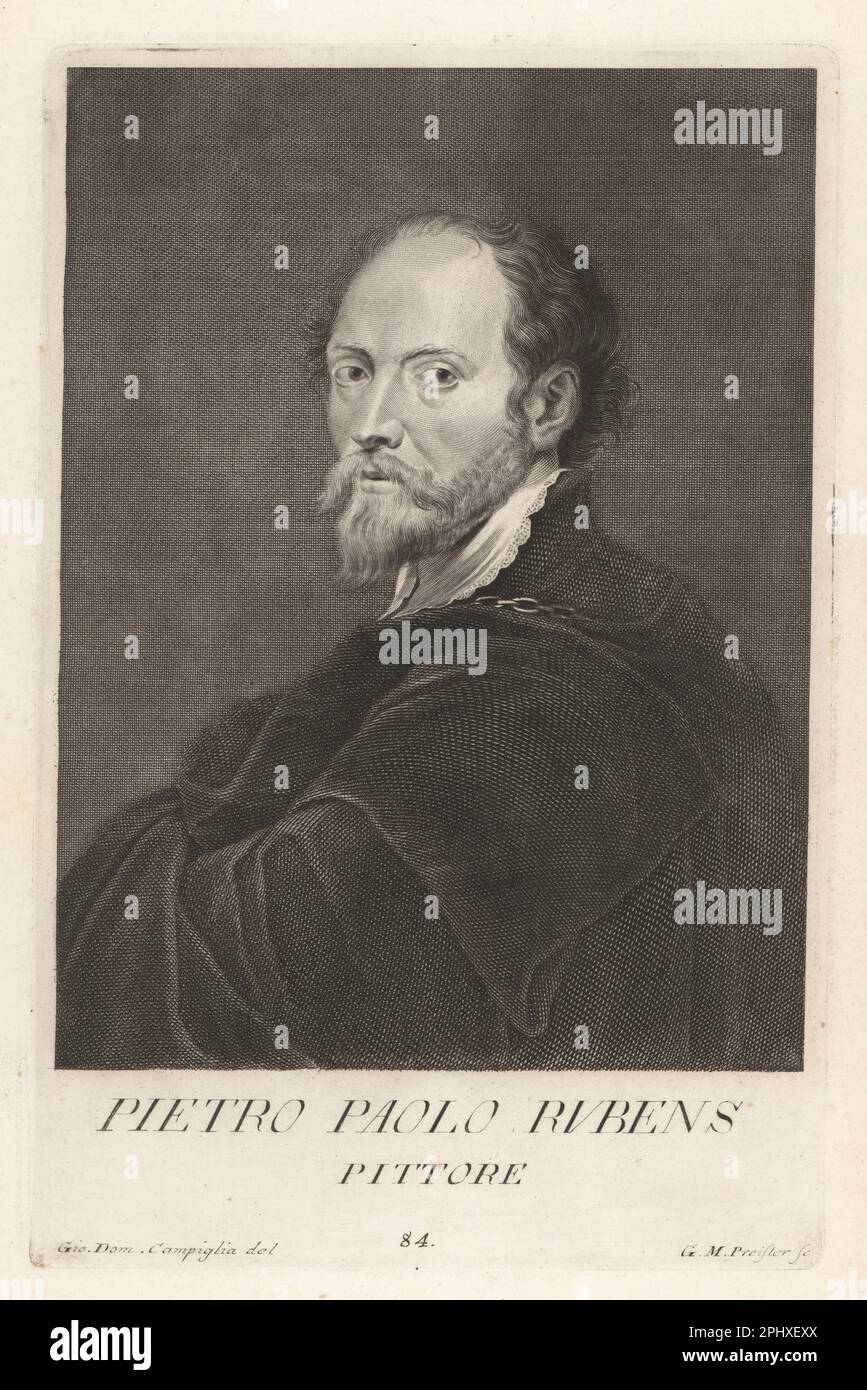 Sir Peter Paul Rubens, Flemish artist and diplomat from the Duchy of Brabant in the Southern Netherlands, 1577-1640. Pietro Paolo Rubens, Pittore. Copperplate engraving by Georg Martin Preissler after Giovanni Domenico Campiglia after a self portrait by the artist from Francesco Moucke's Museo Florentino (Museum Florentinum), Serie di Ritratti de Pittori (Series of Portraits of Painters) stamperia Mouckiana, Florence, 1752-62. Stock Photo
