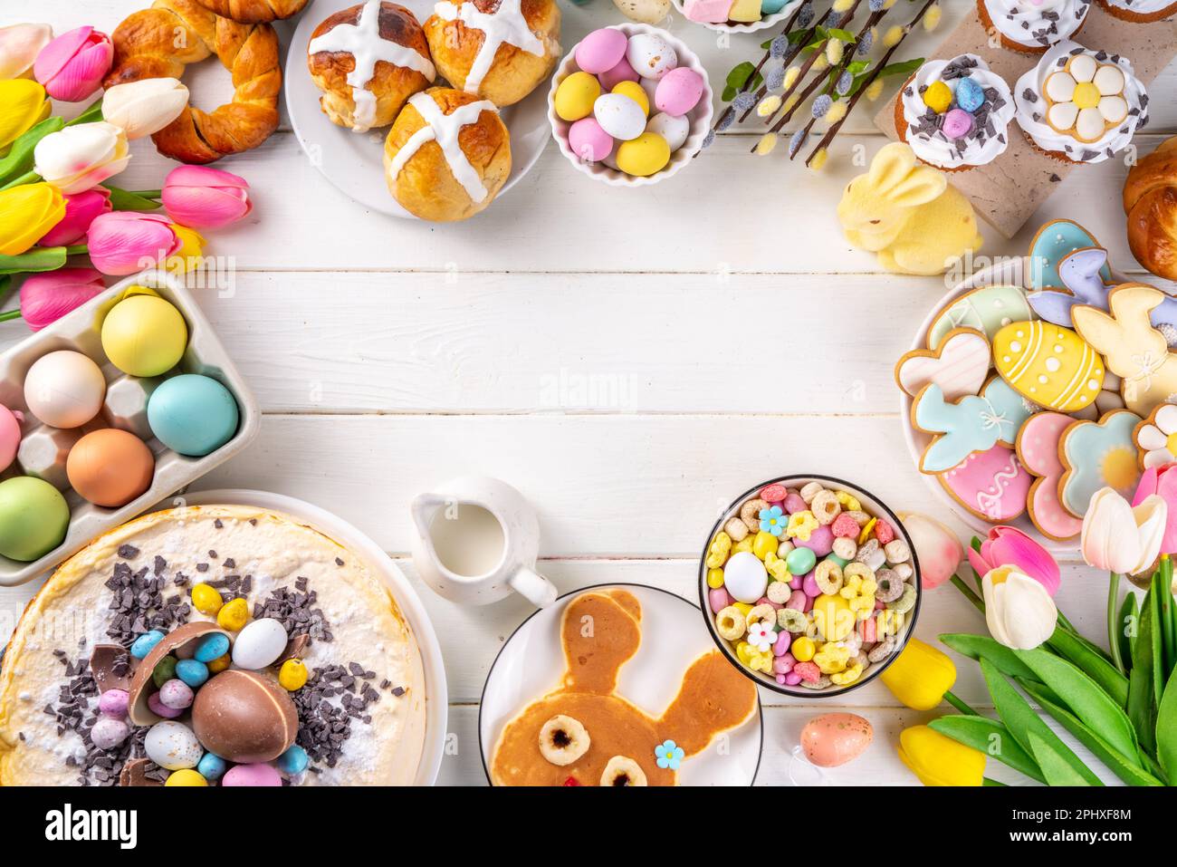 Easter brunch, breakfast food, Kids Easter party buffet. Various