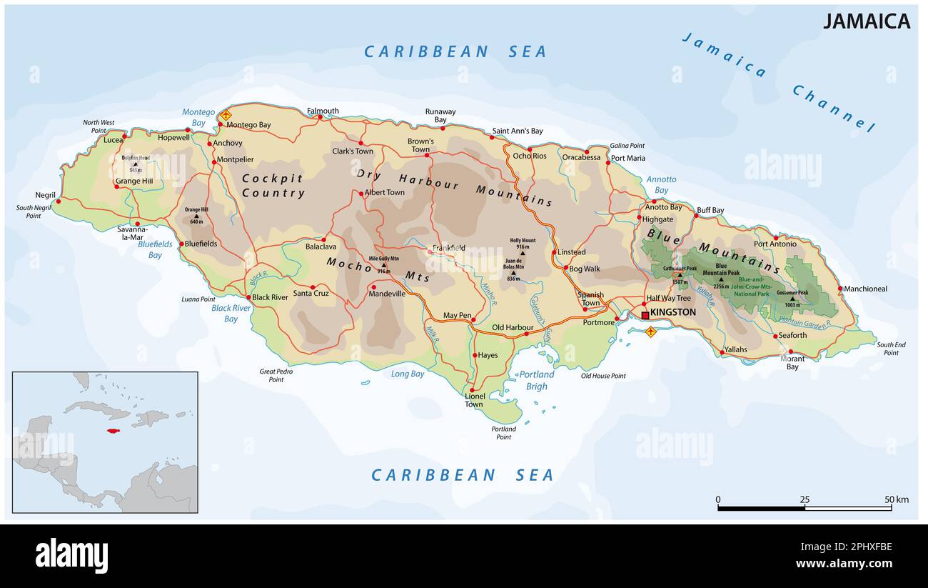 Vector road map of the Caribbean island nation of Jamaica Stock Photo