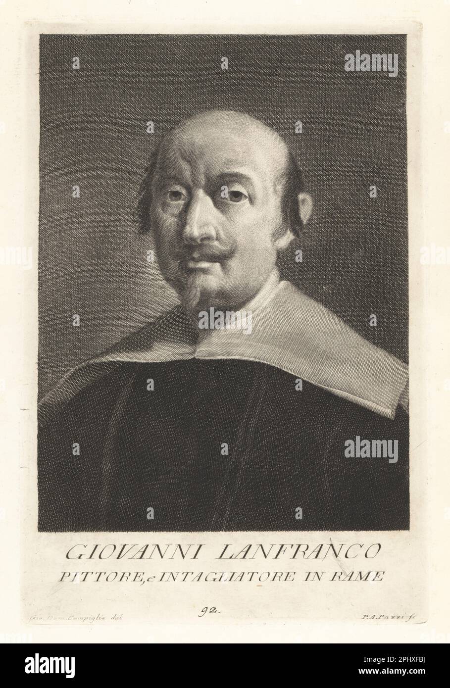 Giovanni Lanfranco, Italian painter and engraver of the Baroque period, 1581-1647. Also known as Cavaliere Giovanni di Stefano, painted religious subjects in Rome for Cardinal Sannese and Pope Paul V. Pittore e Intagliatore in rame. Copperplate engraving by Pietro Antonio Pazzi after Giovanni Domenico Campiglia after a self portrait by the artist from Francesco Moucke's Museo Florentino (Museum Florentinum), Serie di Ritratti de Pittori (Series of Portraits of Painters) stamperia Mouckiana, Florence, 1752-62. Stock Photo