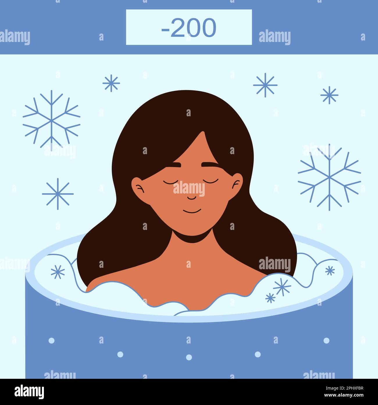 Peaceful woman in a cryosauna ice therapy vector illustration for benign and malignant lesions. Whole body cryotherapy. Painless freeze therapy for improved health. Stock Vector