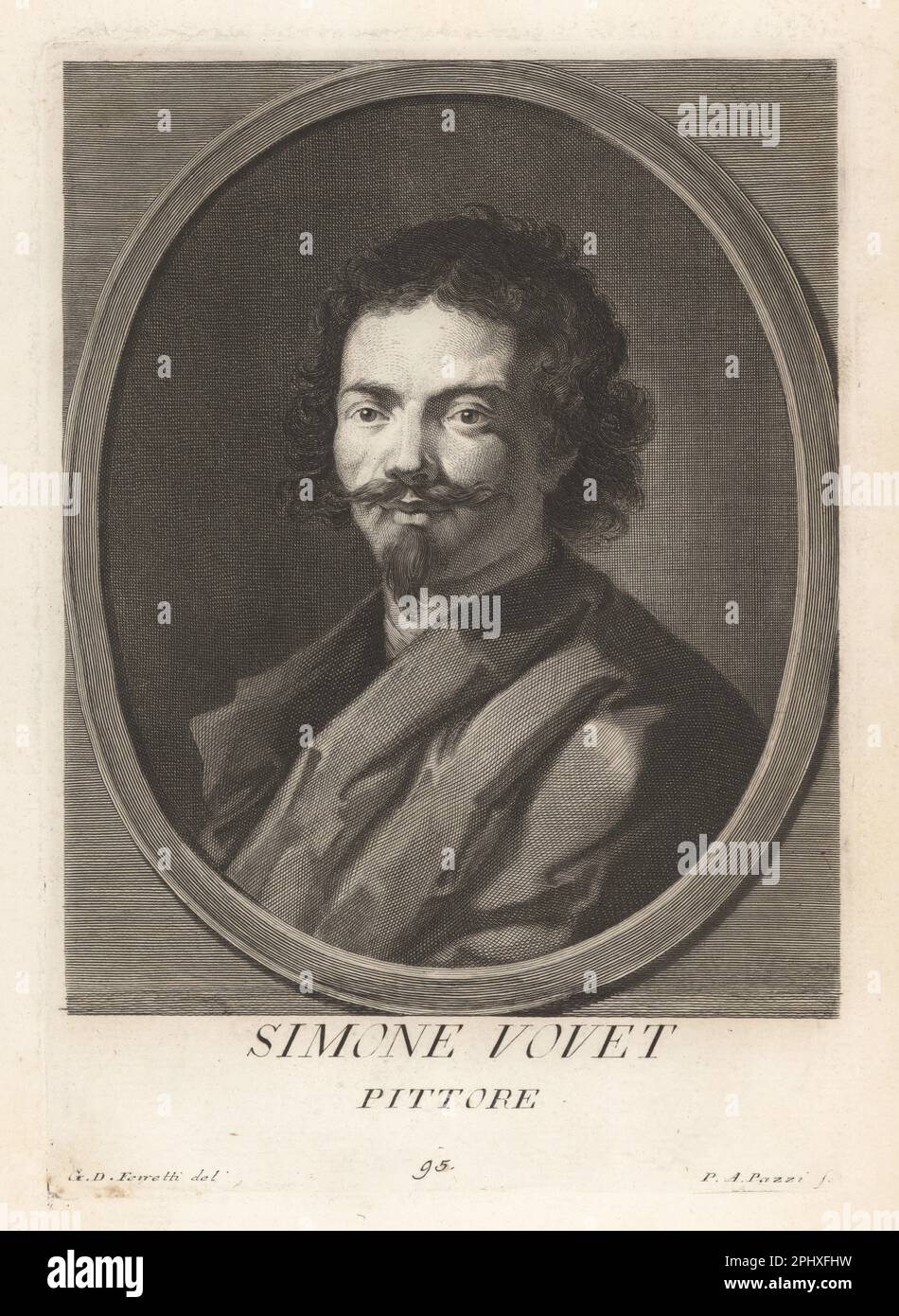 Simon Vouet, French historical painter, 1590-1649. Studied and rose to prominence in Rome, Italy, before being hired by King Louis XIII as Premier peintre du Roi in France. Simone Vouet, Pittore. Copperplate engraving by Pietro Antonio Pazzi after Giovanni Domenico Campiglia after a self portrait by the artist from Francesco Moucke's Museo Florentino (Museum Florentinum), Serie di Ritratti de Pittori (Series of Portraits of Painters) stamperia Mouckiana, Florence, 1752-62. Stock Photo
