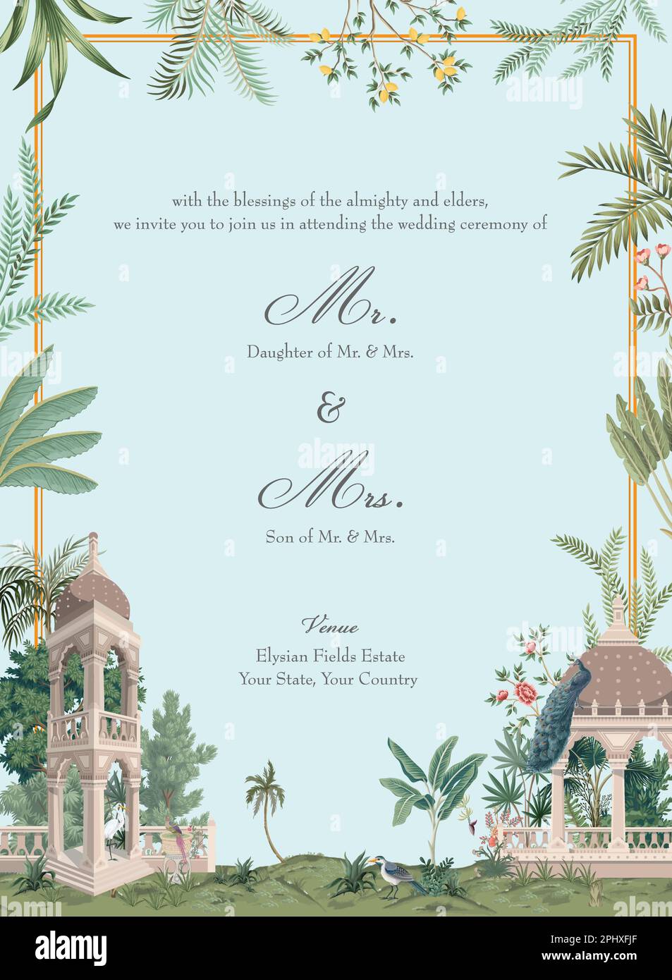 Mughal garden wedding invitation card design. Tropical trees, flowers