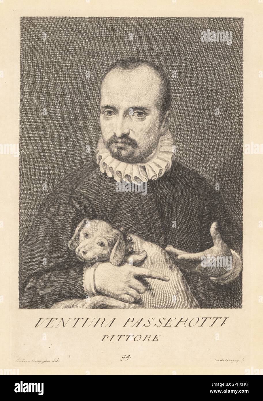 Ventura Passarotti, fourth son of artist Bartolomeo Passarotti, mediocre artist who specialized in pen drawings, 1586-1630. Self portrait with dog. Ventura Passerotti, Pittore. Copperplate engraving by Carlo Gregori after Giovanni Domenico Campiglia after a self portrait by the artist from Francesco Moucke's Museo Florentino (Museum Florentinum), Serie di Ritratti de Pittori (Series of Portraits of Painters) stamperia Mouckiana, Florence, 1752-62. Stock Photo