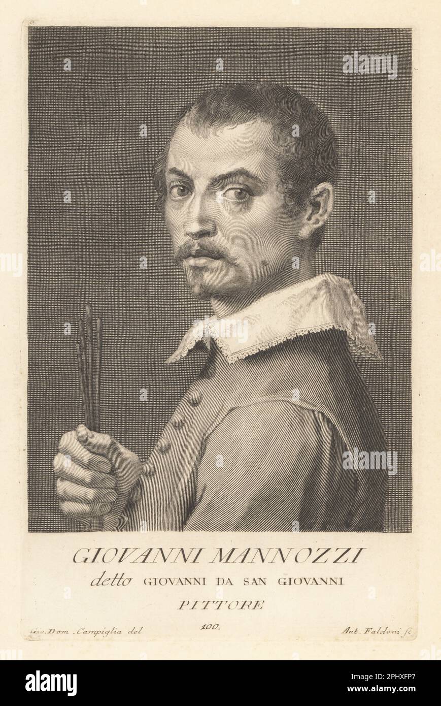Giovanni da San Giovanni, also known as Giovanni Mannozzi, Italian painter of the early Baroque period, active in Florence, 1592-1636. Depicted holding paint brushes. Copperplate engraving by Giovanni Antonio Faldoni after Giovanni Domenico Campiglia after a self portrait by the artist from Francesco Moucke's Museo Florentino (Museum Florentinum), Serie di Ritratti de Pittori (Series of Portraits of Painters) stamperia Mouckiana, Florence, 1752-62. Stock Photo