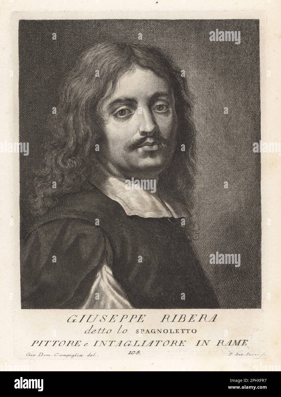 Luca Giordano, Italian late-Baroque painter and printmaker, 1634-1705. Identified by Nicola Spinosa in 2006. (Mislabeled Giuseppe de Ribera or Jose de Ribera, painter and printmaker, known as lo Spagnoletto.) Copperplate engraving by Pietro Antonio Pazzi after Giovanni Domenico Campiglia after a self portrait by the artist from Francesco Moucke's Museo Florentino (Museum Florentinum), Serie di Ritratti de Pittori (Series of Portraits of Painters) stamperia Mouckiana, Florence, 1752-62. Stock Photo