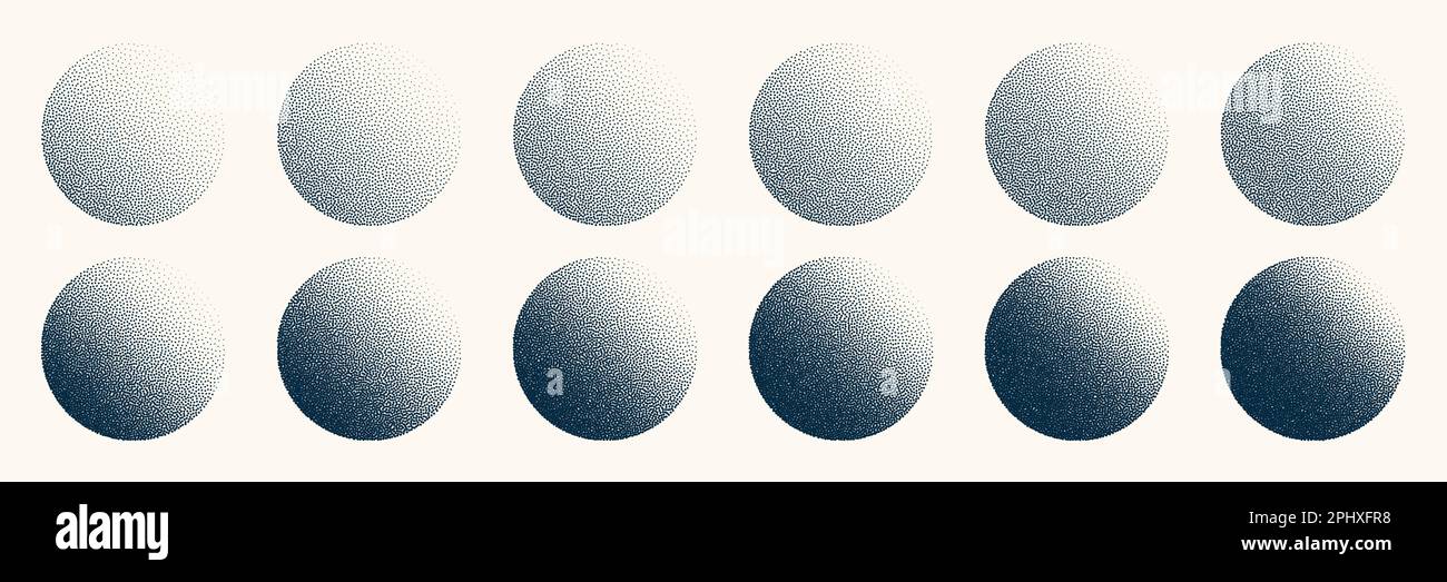 Round shaped dotted objects, vintage stipple elements. Fading gradient ...