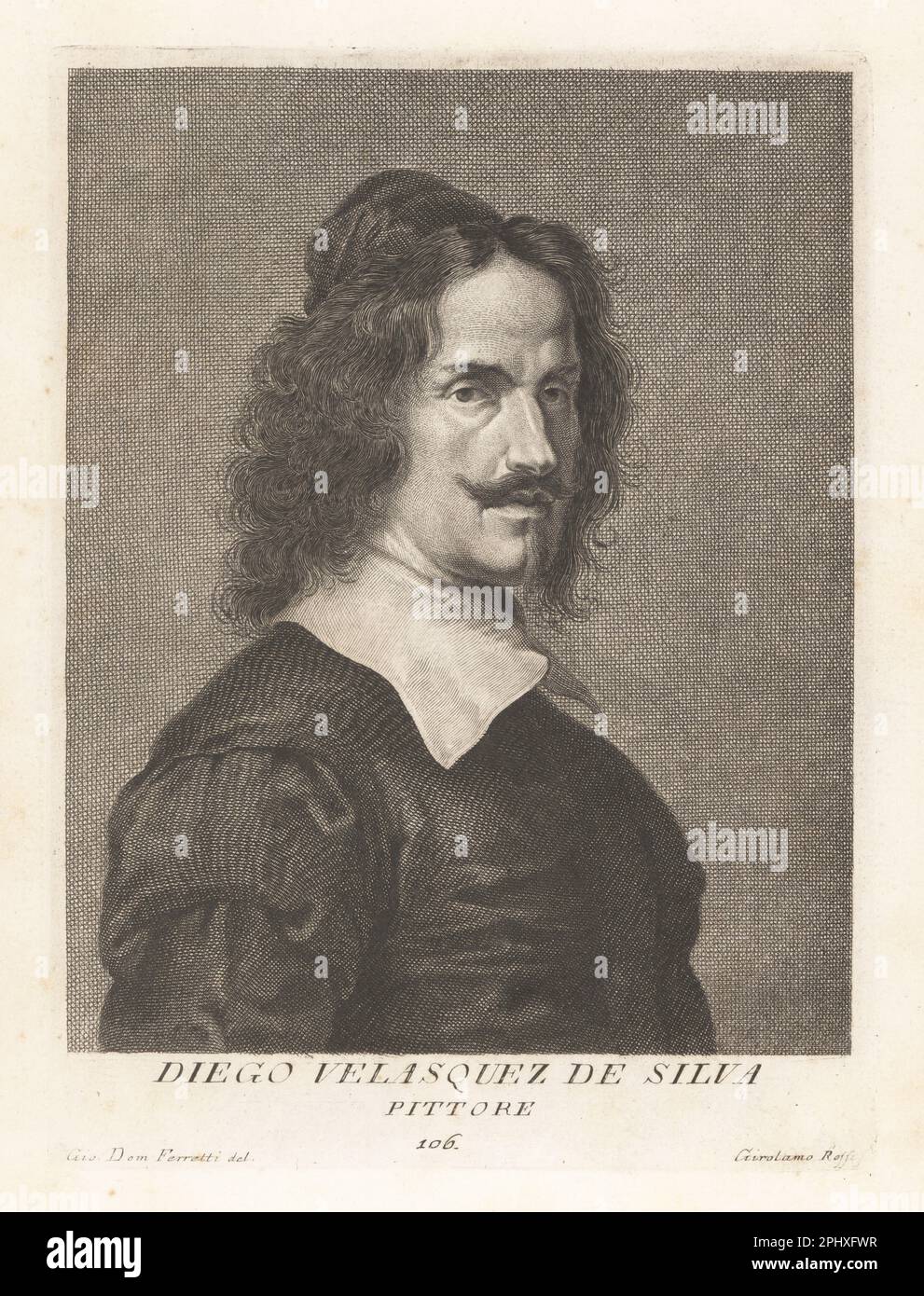 Diego Rodríguez de Silva y Velázquez, Spanish painter, the leading artist in the court of King Philip IV of Spain and Portugal, and of the Spanish Golden Age, 1599-1660. Diego Velasquez de Silva, Pittore. Copperplate engraving by Girolamo Rossi after Giovanni Domenico Ferretti after a self portrait by the artist from Francesco Moucke's Museo Florentino (Museum Florentinum), Serie di Ritratti de Pittori (Series of Portraits of Painters) stamperia Mouckiana, Florence, 1752-62. Stock Photo