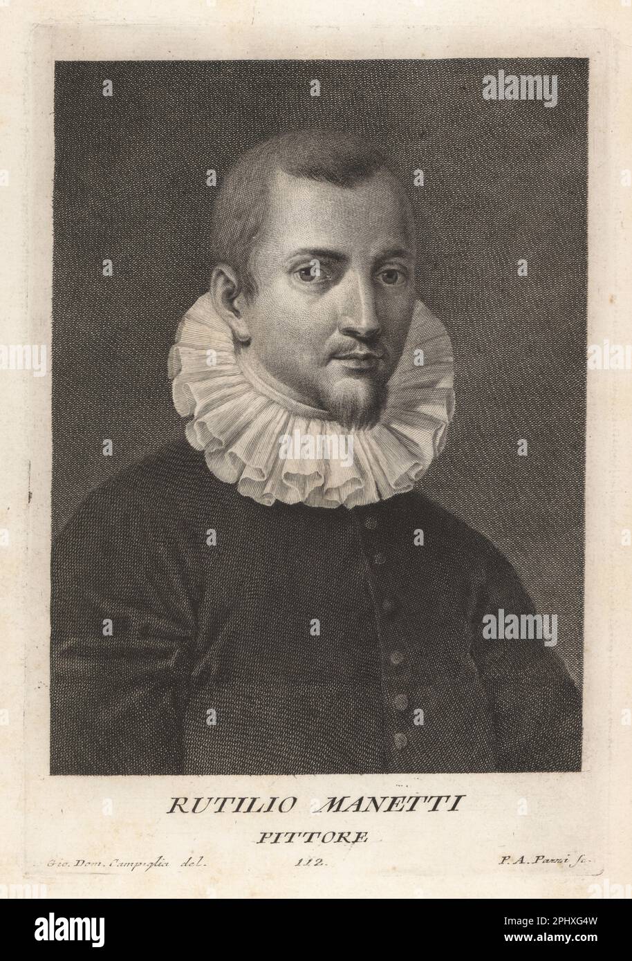 Rutilio di Lorenzo Manetti, Italian painter of late-Mannerism or proto-Baroque, 1571-1639. Worked mainly in Siena. Rutilio Manetti, Pittore. Copperplate engraving by Pietro Antonio Pazzi after Giovanni Domenico Campiglia after a self portrait by the artist from Francesco Moucke's Museo Florentino (Museum Florentinum), Serie di Ritratti de Pittori (Series of Portraits of Painters) stamperia Mouckiana, Florence, 1752-62. Stock Photo